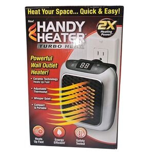 Handy Heater Turbo Heat 800W Wall Outlet Ceramic Space Heater Adjustable Timer